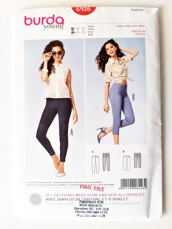 Stretch Knit Jeggings, Ankle or Mid-calf Leggings, Top-stitched Mock Fly &  Pockets, Easy to Sew Exercise Wear, UNCUT Burda 6926, Sizes 6-22 