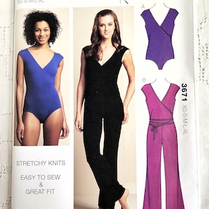 May include: Kwik Sew pattern 3671 for misses' sizes XS-XL. The pattern features a bodysuit and jumpsuit with a wrap-style neckline. The image shows a woman in a blue bodysuit and a woman in a black jumpsuit. The text says "Stretchy Knits, Easy to Sew & Great Fit."
