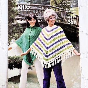 May include: Vintage King Patterns booklet featuring two women modeling crocheted ponchos. One poncho is green, the other is white, purple, and lime green with fringe. The booklet also shows the price of 35 cents.