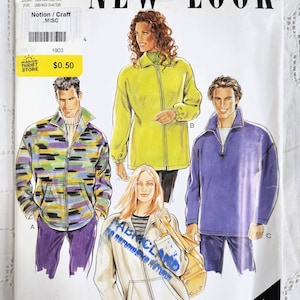 His n Hers Outerwear, Unisex Pullover or Zip Front Tops, Optional Elastic Cuffs, Kangaroo Pockets, UNCUT New Look 6672, Size S-XXL