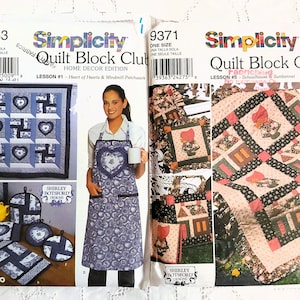 Quilt Block Club, leçons 1 et 5, projets patchwork, cœurs de cœur, moulin à vent, bonnet de soleil Sue, école, simplicité 9371, simplicité 9783