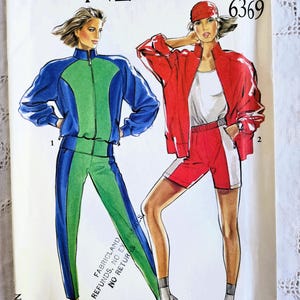 May include: A vintage New Look sewing pattern featuring illustrations of two athletic tracksuits. One tracksuit is blue and green, the other is red and white. The pattern number is 6369.