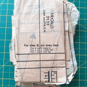 May include: A close-up of a McCall's sewing pattern for children's clothing. The pattern is for sizes 4, 5, and 6. The pattern is for view B and includes instructions to cut away a portion of the fabric. The pattern is labeled "3433".