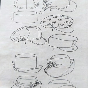 Puede incluir: Un conjunto de diez patrones de sombreros, que incluyen una gorra de b&eacute;isbol, un sombrero de sol, un fedora y un sombrero cloche. Los patrones est&aacute;n dibujados en blanco y negro e incluyen l&iacute;neas discontinuas para indicar las costuras.