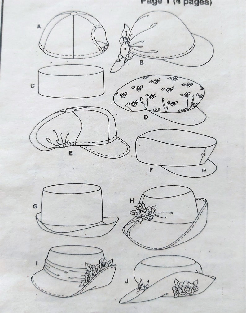 Puede incluir: Un conjunto de diez patrones de sombreros, que incluyen una gorra de b&eacute;isbol, un sombrero de sol, un fedora y un sombrero cloche. Los patrones est&aacute;n dibujados en blanco y negro e incluyen l&iacute;neas discontinuas para indicar las costuras.