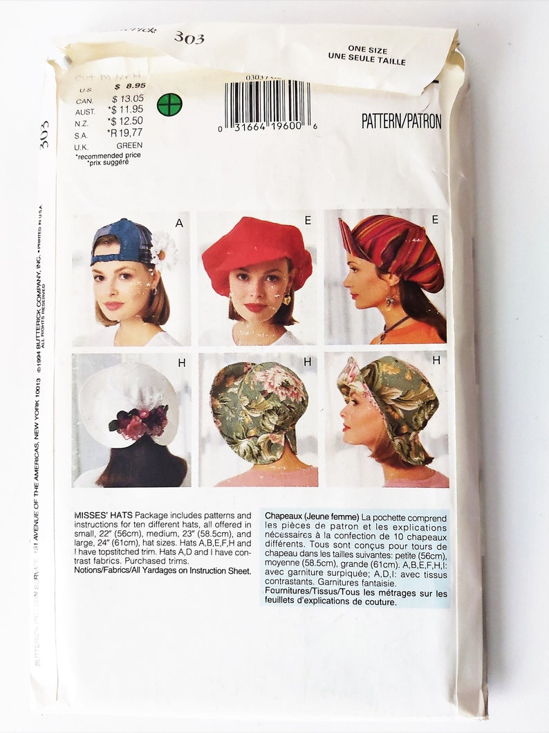 Puede incluir: Un patr&oacute;n de costura para diez sombreros diferentes en tallas peque&ntilde;a, mediana y grande. El patr&oacute;n incluye instrucciones para un ribete de pespunte y telas contrastantes. El patr&oacute;n es para sombreros de mujer y est&aacute; impreso en un fondo blanco con un borde verde. El n&uacute;mero del patr&oacute;n es 303.