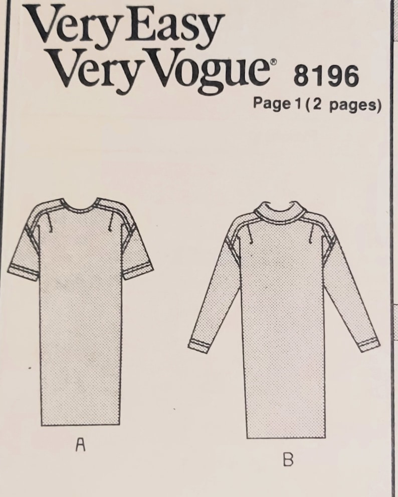 K&ouml;nnte beinhalten: Ein Schnittmuster f&uuml;r ein Kleid mit zwei verschiedenen &Auml;rmell&auml;ngen. Das Schnittmuster ist f&uuml;r Very Easy Very Vogue, Modell 8196, Seite 1 von 2.