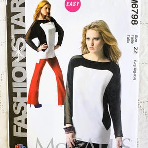 May include: A sewing pattern titled "Fashion Star" with a design for a long-sleeved top. The top is white with black accents and sheer sleeves. The pattern includes the text "Easy" and the size "ZZ (Lrg-Xlg-XXL)."