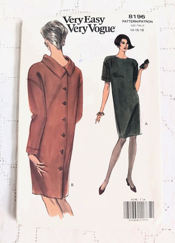 90s Back Button Dress, Tapered with Long or Short Sleeves, Collar or Round Neckline, Drop Shoulders, UNCUT Very Easy Vogue 8196, Size 14-18