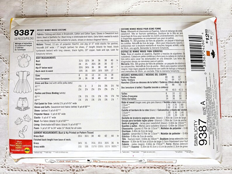 May include: Simplicity pattern 9387 for a Misses' Minnie Mouse costume. Includes pattern pieces for a dress, bow, gloves, and shoes. The pattern details body measurements and fabric requirements. The package is white and red.