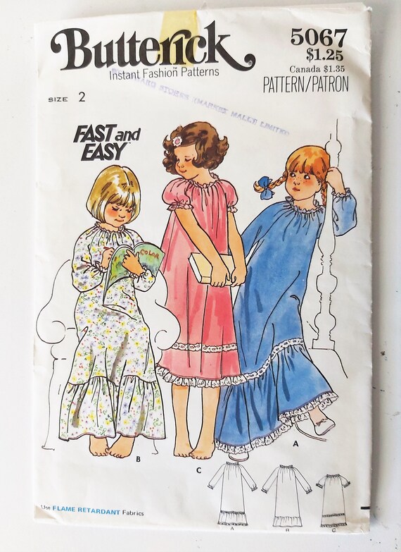 Chemise de nuit pour petite fille des annees 70 trois longueurs nuisette a volants encolure elastique vetements de nuit chic grand mere Butterick 5067 non coupe fille taille 2 Etsy Canada