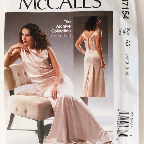 Reproduction 1930s Gown, Sleeveless Evening Dress, Band Detailing, Shaped Hemline, Hollywood Glam Fashion, UNCUT McCall's 7154, Sizes 6-14