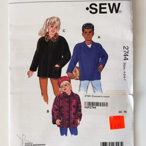 May include: Kwik Sew pattern 2744 for children's clothing, sizes 4-5-6-7. The pattern features illustrations of a black jacket with a leopard print collar, a blue V-neck sweater, and a red plaid jacket. The price tag shows $6.55.