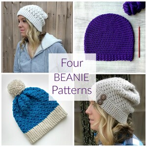 Pode incluir: Quatro padrões de gorro de crochê com diferentes estilos e cores. Os gorros são brancos, roxos, azuis e cinzentos.