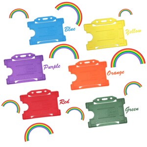 May include: Six different colored plastic ID card holders. The holders are blue, yellow, purple, orange, red, and green. Each holder has a slot for a card and a lanyard attachment.