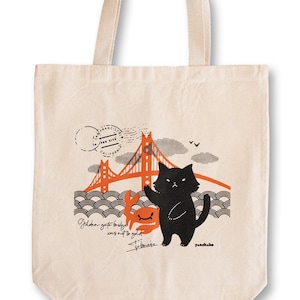 San Francisco Cat Tote bag 100% organic cotton canvas shoulder bag / golden gate bridge S.F. gift