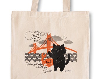San Francisco Cat Tote bag 100% organic cotton canvas shoulder bag / golden gate bridge S.F. gift