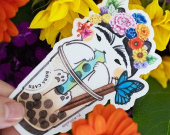 Boba cats vinyl sticker Horchalo Kahlo water proof boba tea cat lover flower floral design seals