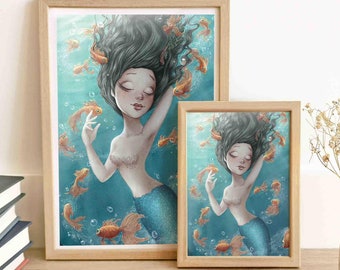 Kunstdruck Meerjungfrau umgeben von Fischen | Wandkunst