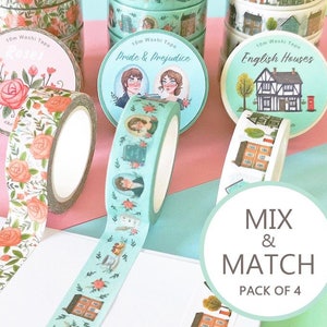 Confezione da 4 nastri washi - Mix & Match - Rose - Jane Austen - Case inglesi - Insetti - Alice nel paese delle meraviglie - Labirinto - Carino - Cancelleria kawaii