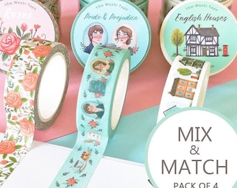 Washi Tape Set of 4 – Roses, Jane Austen, English Houses, Bugs – Kawaii Stationery