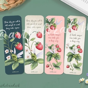 Bookmark Fairy Frogs and Strawberries | Nature Bookmark | Cottagecore Bookmark | Single-Sided Printed