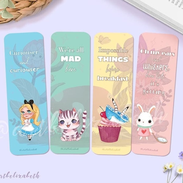 Bookmark Cute Alice in Wonderland | Kawaii Wonderland Bookmarks | Single-Sided Printed | Pack of 4