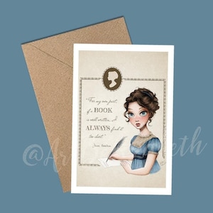 Jane Austen Postkarte, Grußkarte A6 + Kraft Umschlag
