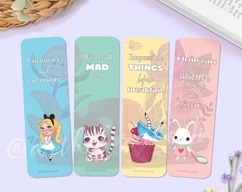Bookmark Cute Alice in Wonderland | Kawaii Wonderland Bookmarks | Single-Sided Printed | Pack of 4