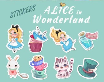 Adesivos de Alice no País das Maravilhas - Pacote com 8 - Gato de Cheshire - Coelho Branco - Chapeleiro Maluco - Adesivos de Cupcake