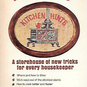 May include: A vintage book cover with a red and white illustration of a wood-burning stove. The title is "Heloise's Kitchen Hints" and the text reads "A storehouse of new tricks for every housekeeper".