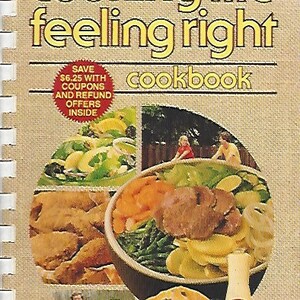 May include: A cookbook titled "The Cooking Lite Feeling Right Cookbook" with images of various dishes. The cover features text and a collage of food, including vegetables, meat, and a bottle of Sunlite sunflower oil.