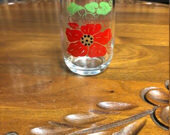 Vintage Juice Glass with Red Flower Pattern