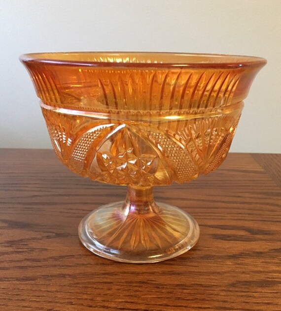 Orange Colored Carnival Glass Fluted Bowl With Pedestal Etsy