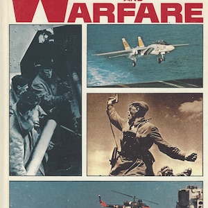 May include: A book cover with the title "Weapons and Warfare" in red letters. The cover features four images: a group of sailors on a ship, a fighter jet taking off from an aircraft carrier, a soldier saluting, and a helicopter landing on a ship.