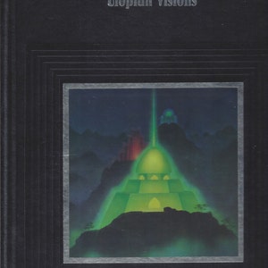 May include: A black book with a silver border and the title "Utopian Visions" in silver lettering. The cover features a green and black illustration of a futuristic city.