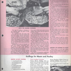 May include: A vintage cookbook page with a pink background and a black and white photo of a person preparing a stuffing. The page includes a section titled "Stuffings and Umplings" with tips for making stuffing, a recipe for Master Savory Stuffing, and a section titled "Stuffings for Meats and Poultry" with variations for savory stuffing.