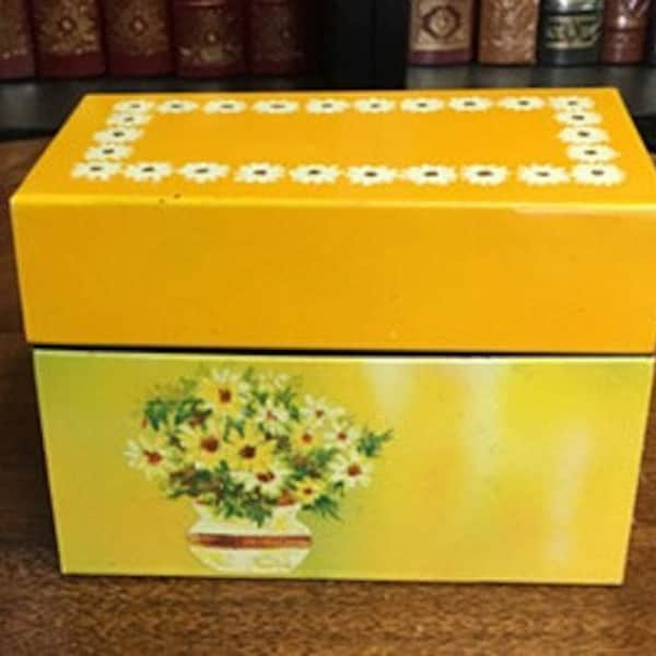 Vintage Ohio Art Tin Yellow Recipe Box With Flowers in Vase  (1960's)