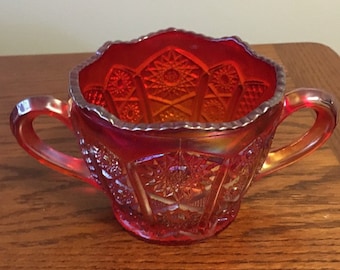 Indiana Heirloom Sunset  Amberina  Carnival Glass Double Handled Sugar Bowl