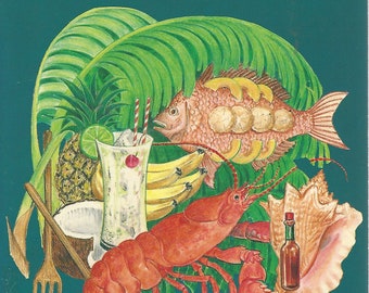 May include: A colorful illustration of a cookbook cover with the title "Island Cooking: Recipes from the Caribbean". The cover features a red lobster, a red fish with yellow bananas, a pineapple, a coconut, a glass of tropical drink, and a bottle of hot sauce.