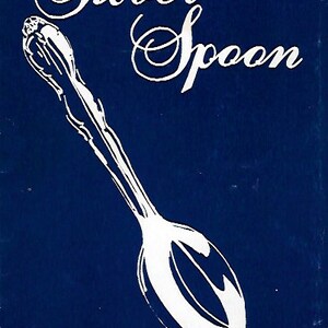 May include: A white outline of a silver spoon on a dark blue background. The text "Silver Spoon" is written in a cursive font above the spoon. The text "Silver Chapter B'nai B'rith Women Potomac, Maryland" is written below the spoon.