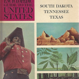 May include: A vintage book cover with a red, white, and blue illustration of a man in a colonial hat. The book title is "American Heritage New Pictorial Encyclopedic Guide to the United States". The book cover also includes the text "Volume 13" and the states "South Dakota, Tennessee, Texas".