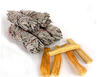 5 White California Sage sticks (5" each) & Palo Santo Wood sticks (3-4" each) Great for smudging and removing negativity!