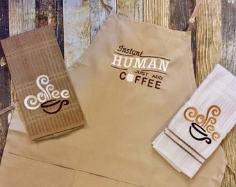 Coffee Lovers Apron and Kitchen Towels Set - Instant Human Just Add Coffee - Housewarming or Hostess Gift - Tan and Brown Coffee Kitchen