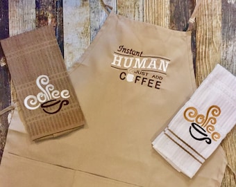 Coffee Lovers Apron and Kitchen Towels Set - Instant Human Just Add Coffee - Housewarming or Hostess Gift - Tan and Brown Coffee Kitchen