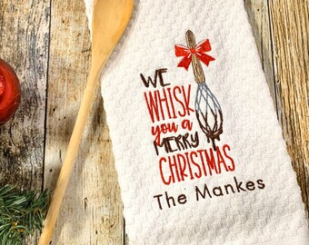 We Whisk You a Merry Christmas Personalized Kitchen Embroidered Towel