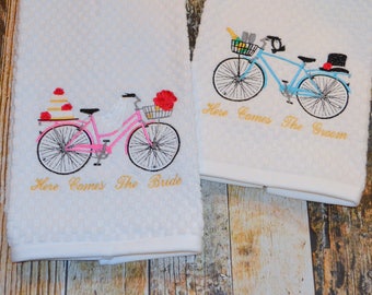 Bride and Groom Bike Kitchen Towel Set - Personalized - 2 Embroidered Dish Towel - Wedding Gift - Bridal Shower Gift - Here Comes The Bride