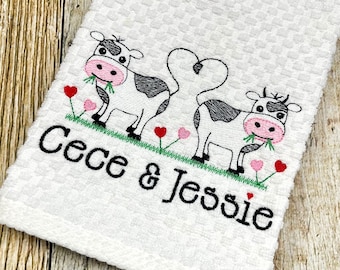Cow Valentine’s Day Kitchen Towel - Embroidered - Personalized with Couple Names
