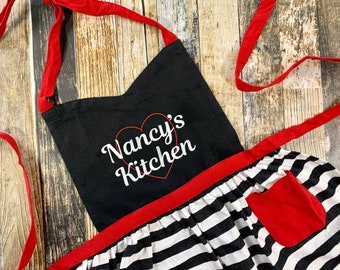 Personalized Valentine's Day Apron - Women's Vintage Style Embroidered Apron - Red, Black and White