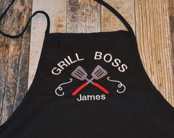 Grill Boss Personalized Apron - Available in Black, White, Blue, Green, Red and more colors of Aprons - BBQ Men's Apron